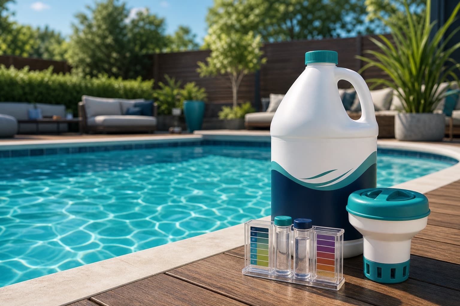 Backyard pool with liquid chlorine and test kit on the deck