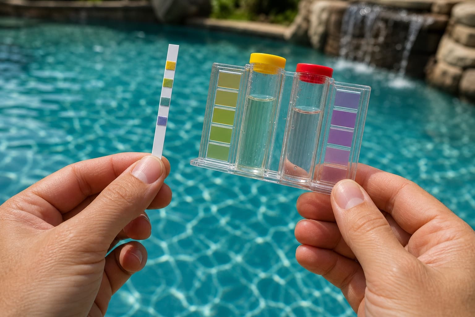Testing pool water with strips and kit